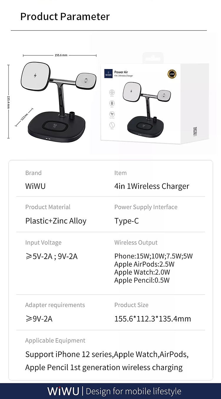 Đế sạc nhanh không dây 15W 4 in 1 hiệu WIWU Power Air Wireless Charger M8