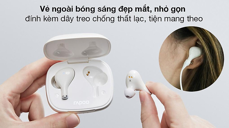 Tai nghe Bluetooth True Wireless Rapoo I300 Trắng - Thiết kế tai nghe True Wireless gọn đẹp, bề mặt bóng sáng với gam màu trắng trẻ trung