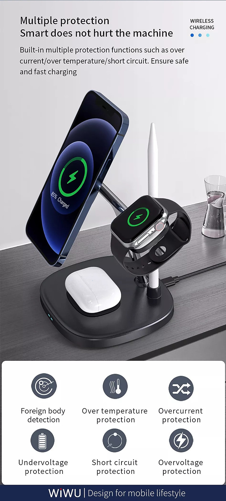 Đế sạc nhanh không dây 15W 4 in 1 hiệu WIWU Power Air Wireless Charger M8