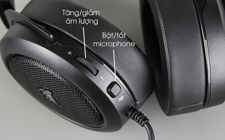 Tai nghe chụp tai Gaming Corsair HS50 PRO Stereo Carbon Đen - Nút chỉnh âm lượng, bật/tắt microphone