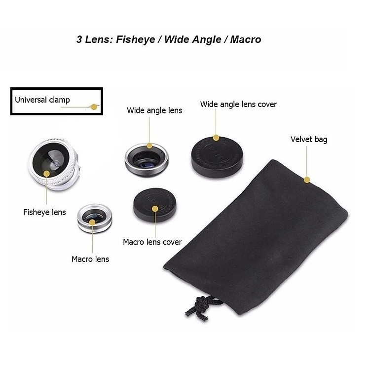 Bộ kính lens cho điện thoại góc rộng, fisheye, macro 3 trong 1 Aturos Universal Clip Lens