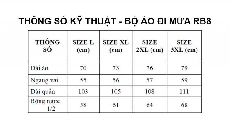 Thông số kỹ thuật bộ áo mưa 2 lớp RB8 - RANDO