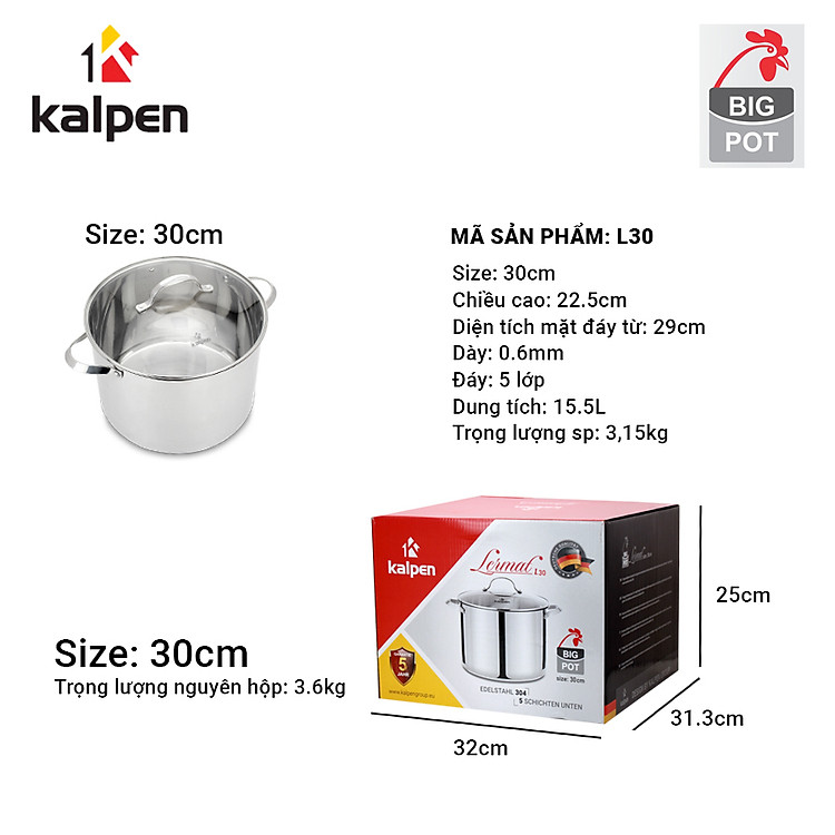 Nồi luộc gà inox 304 cao cấp 5 đáy Kalpen Lermat 30cm
