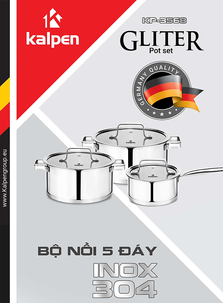 Bộ 3 nồi Inox 304 cao cấp 5 đáy Kalpen Gliter KP-3568 xuất Đức