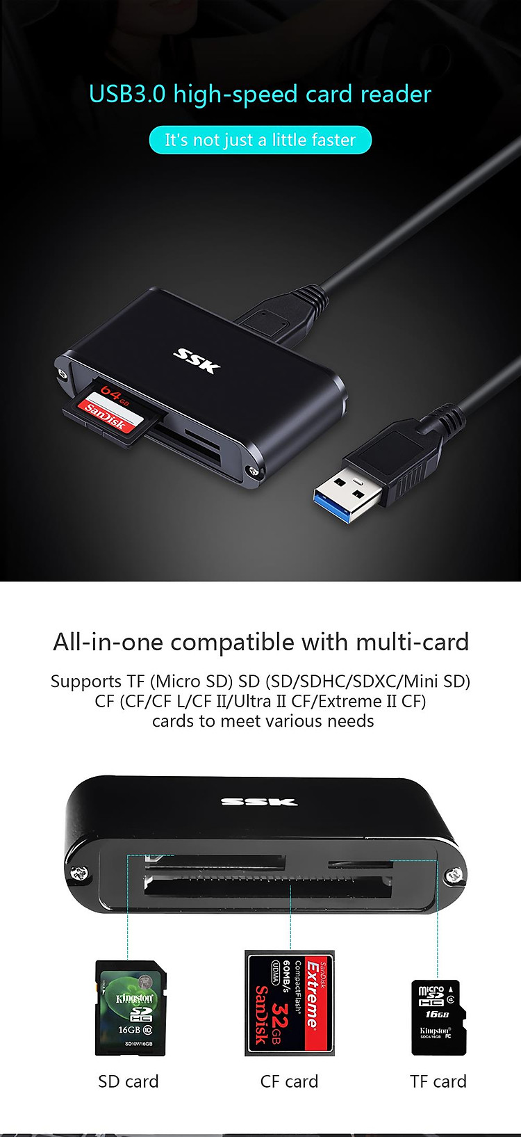 SSK SCRM630 Aluminum Alloy All-in-One USB 3.0 CF SD Micro SD TF Card Reader