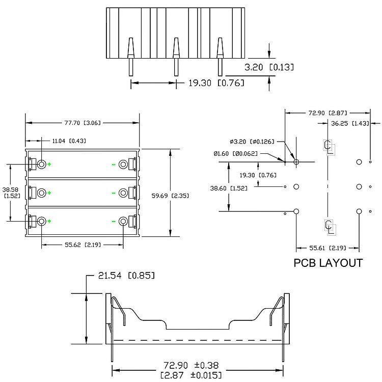 Kích thước Đế 3 Pin 18650 Hàn PCB