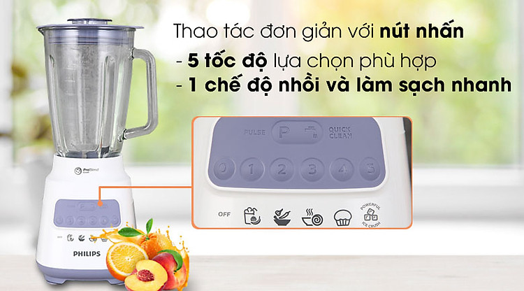 Bảng điều khiển 5 tốc độ, 1 số nhồi - Máy xay sinh tố Philips HR2222/00.