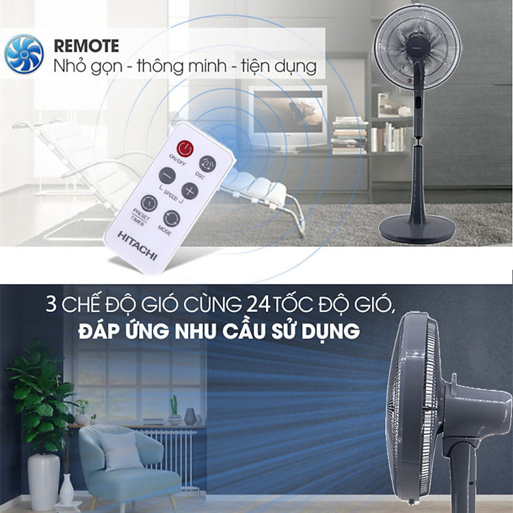 Quạt đứng 7 cánh Hitachi LF-D6RCGM công suất 24W kèm khiển từ xa, bảo hành 2 năm