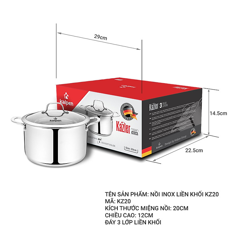 Bộ 3 nồi Inox 3 lớp liền khối Kalpen Kazler KZ1 size 16,20,24cm chuẩn Đức