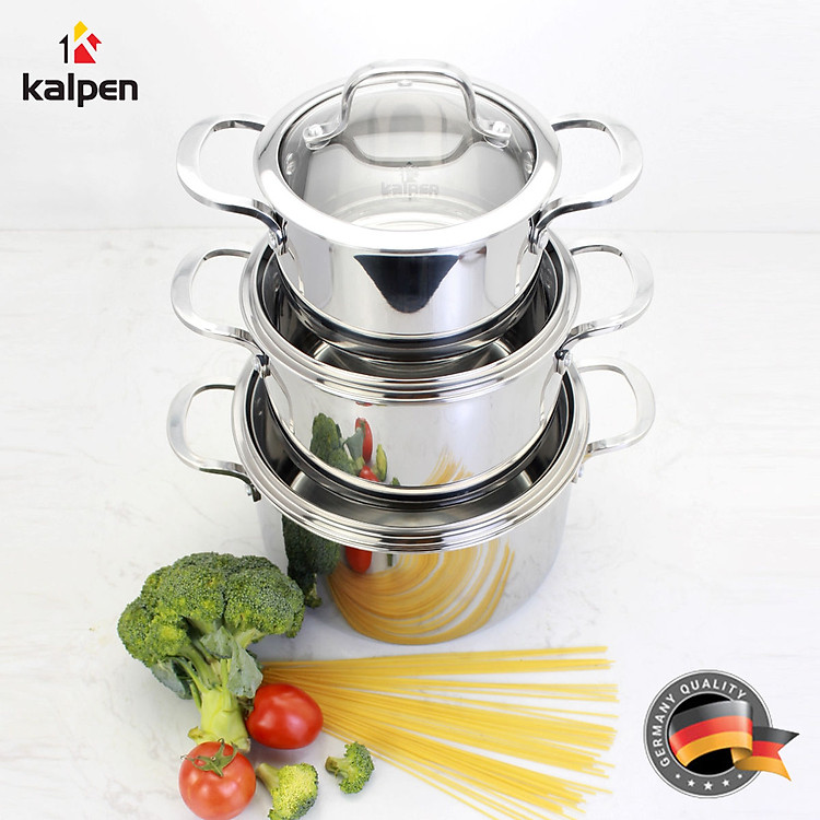 Bộ 3 nồi Inox 3 lớp liền khối Kalpen Kazler KZ1 size 16,20,24cm chuẩn Đức