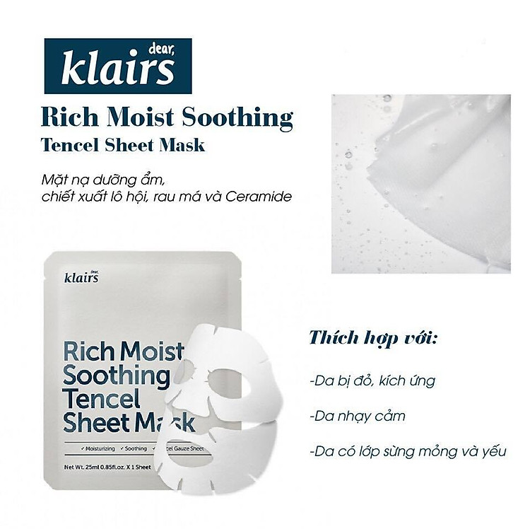 Mặt nạ dưỡng ẩm sâu, làm dịu dành cho da nhạy cảm, kích ứng Klairs Rich  Moist Soothing Tencel Sheet Mask 25ml | Viebeauty Cosmetics | Tiki