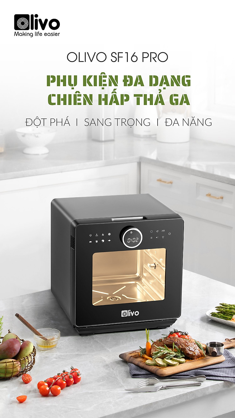 Nồi Chiên Hơi Nước Olivo SF16 Pro Thương Hiệu Mỹ Cao Cấp Gồm 56 Chức Năng Làm Bít Tết Hấp Nướng Hâm Nóng Đa Năng Dung Tích 16 Lít Công Suất 2800 W - Hàng Chính Hãng