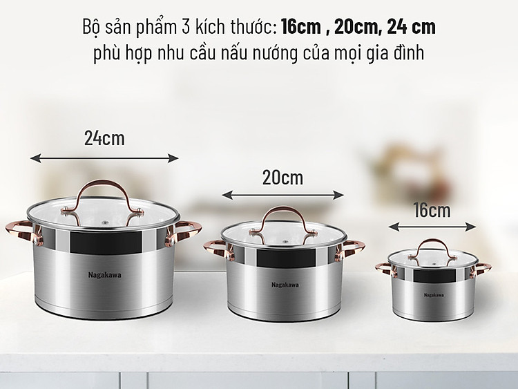 Bộ 3 nồi inox cao cấp 5 đáy Nagakawa NAG1352 (16cm, 20cm, 24cm) dùng cho mọi loại bếp