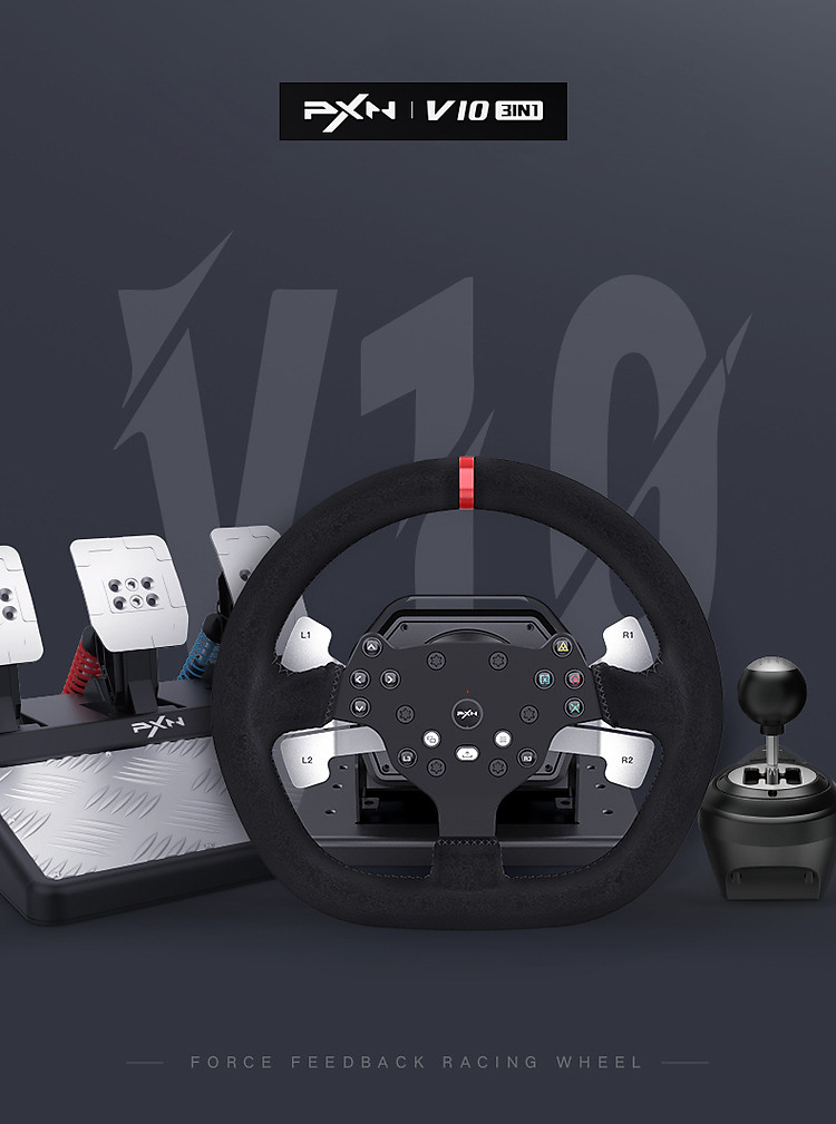 Vô lăng chơi game PXN V10 Gaming Racing Wheel (Đi kèm bàn đạp và cần số) 1