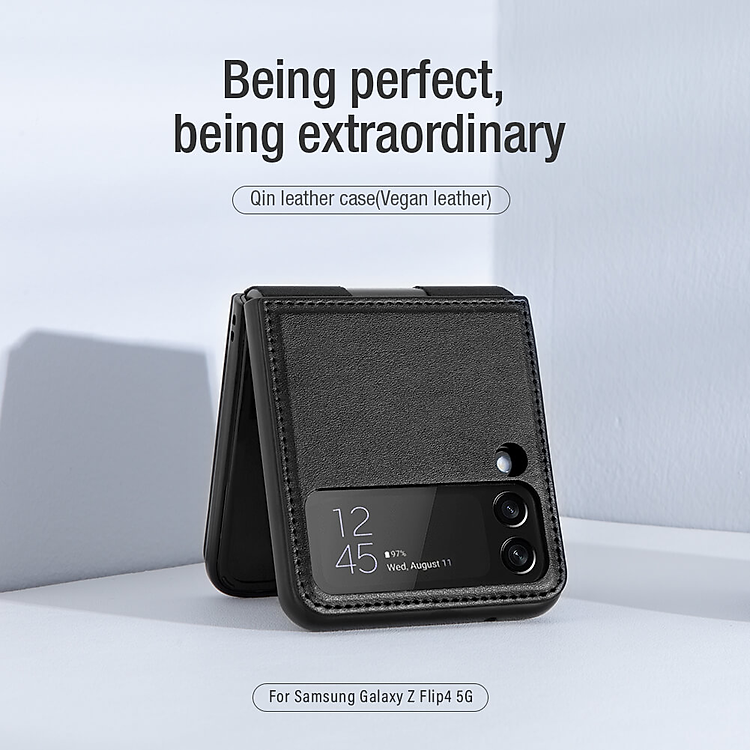 Case bao da chống sốc cho Samsung Galaxy Z Flip 4 trang bị chân chống giá đỡ điện thoại hiệu Nillkin Qin Vegan (bảo vệ máy cực tốt, chất liệu da thật cao cấp, thiết kế thời trang cá tính) - hàng nhập khẩu