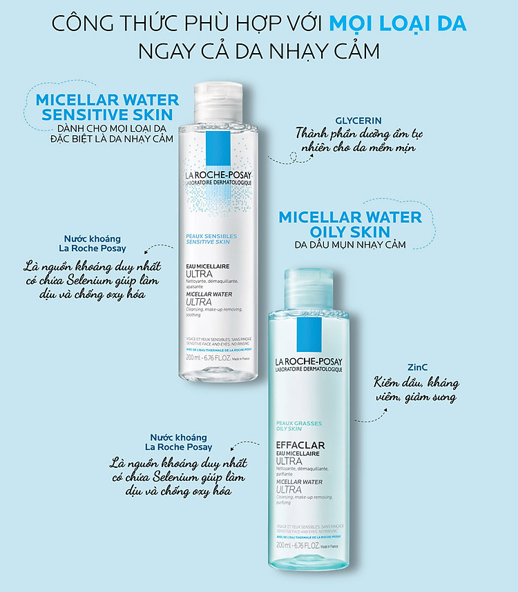 Nước Tẩy Trang La Roche-Posay Micellar Water Ultra Sensitive Skin dành cho mọi loại da, đặc biệt là da nhạy cảm