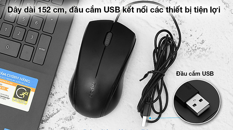 Chuột Có Dây Silent Rapoo N1200 Đen - Kết hợp cùng các thiết bị ở khoảng cách xa tiện lợi nhờ chiều dài dây 152 cm