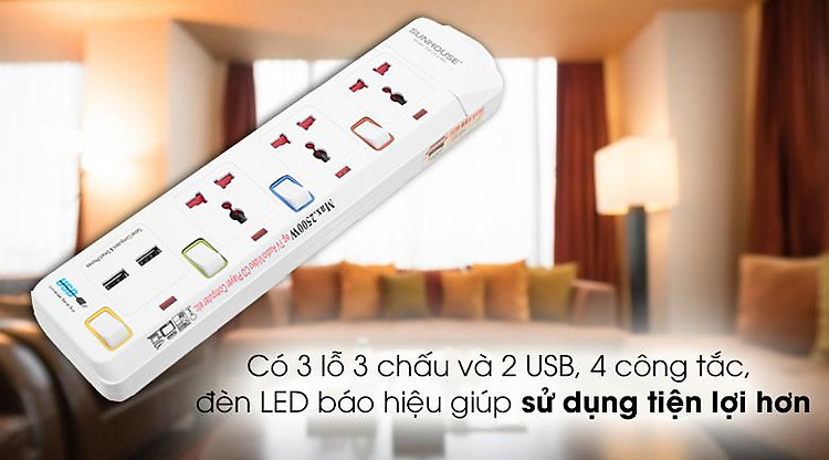 Ổ cắm điện Sunhouse 2 USB 3 lỗ 3 chấu 2.5m SHE- OC2-3RU - Có 3 lỗ 3 chấu và 2 USB