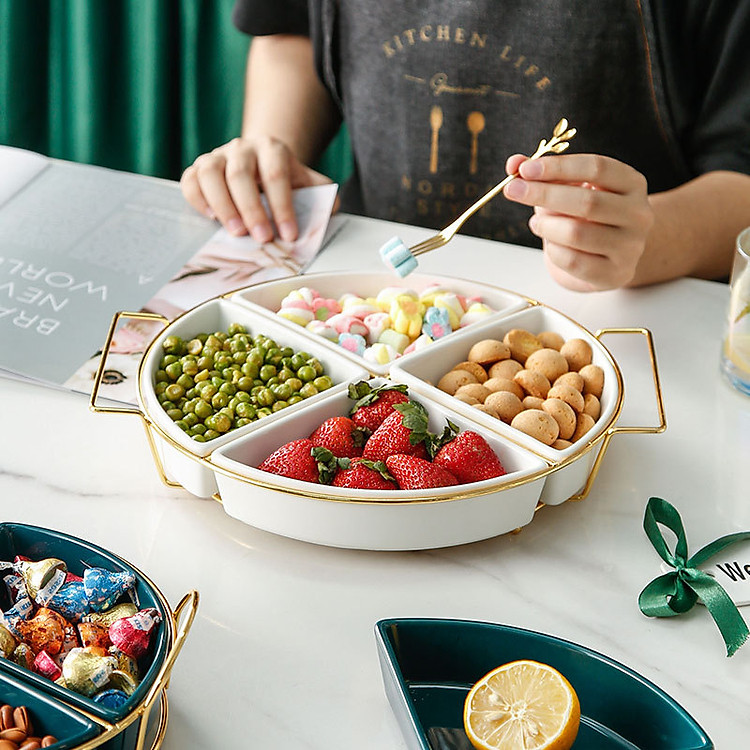 Khay mứt, hạt quả khô sứ tròn khung kim loại