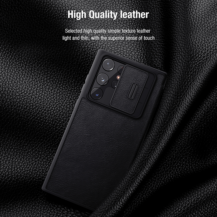 Case bao da leather chống sốc cho Samsung Galaxy S22 Ultra hiệu Nillkin Qin Pro trang bị nắp bảo vệ Camera (Chất liệu da cao cấp, có ngăn đựng thẻ, mặt da siêu mềm mịn) - hàng nhập khẩu