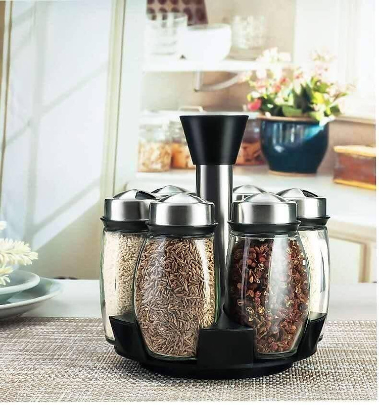 Bộ 6 lọ đựng gia vị thủy tinh kèm giá để xoay 360 độ Spice Ack Set 6