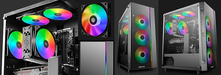 các góc chụp và góc khác nhau của vỏ MATREXX 55 deepcool với quạt cầu vồng RGB-lit