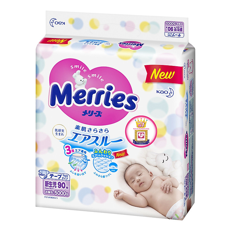 Bỉm Merries Newborn 90 miếng cho bé