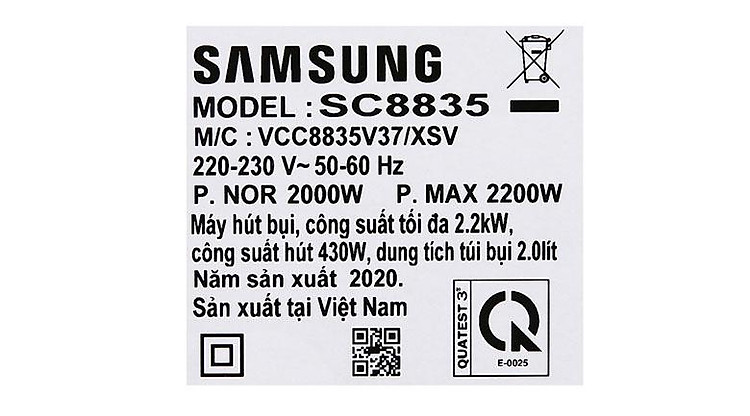 Công suất - Máy hút bụi Samsung VCC8835V37/XSVN Công suất - Máy hút bụi Samsung VCC8835V37/XSVN