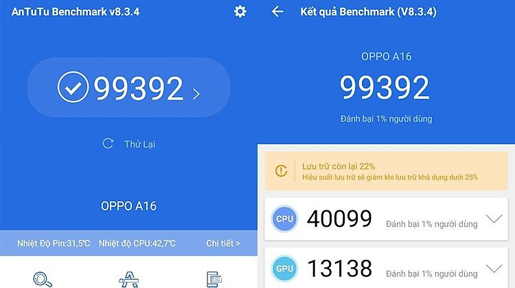 Điểm Antutu đạt hơn 99 nghìn điểm - OPPO A16