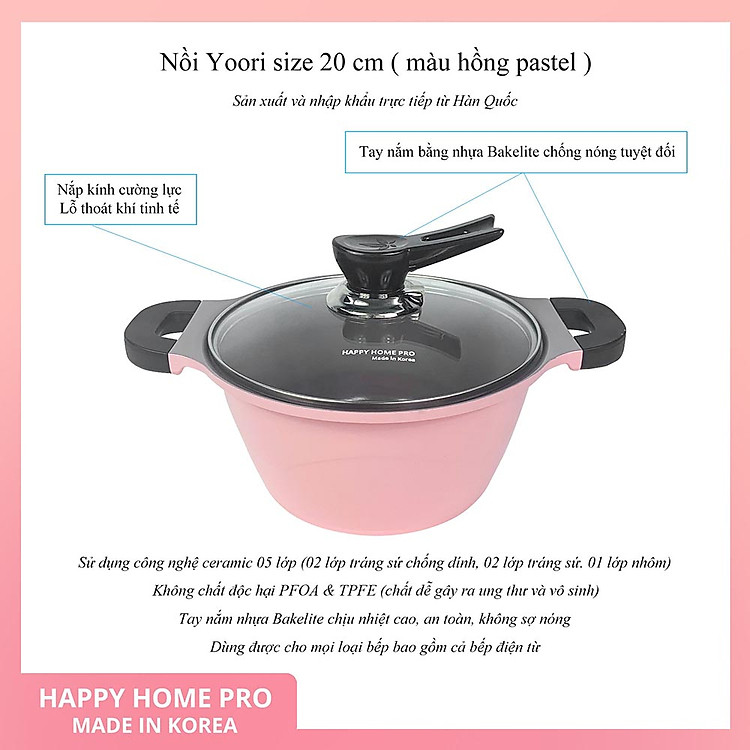 Nồi nhôm tráng sứ Yoori Happy Home Pro size 20cm - Hồng pastel