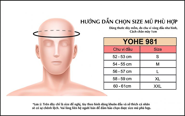 Fullface YOHE 981 cách chọn size