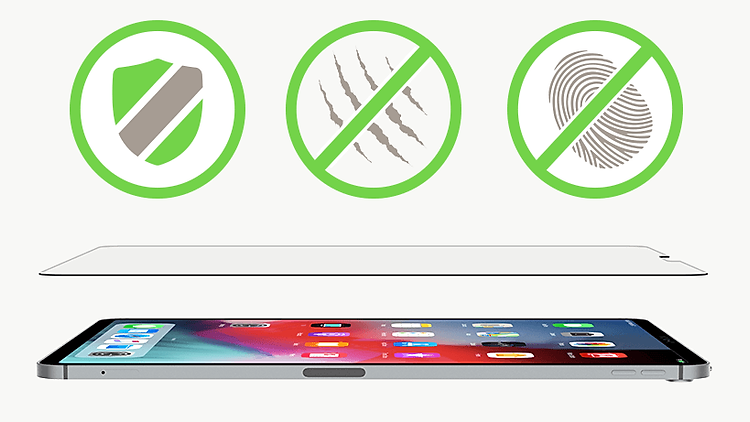 Tempered Glass and iPad 12.9 with a shield, scratch-resistant and anti-fingerprint icon overlaid