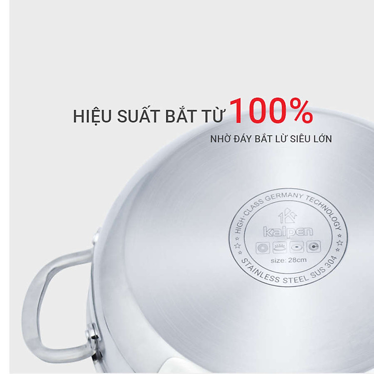 Chảo lẩu Inox 304 thân đúc đáy liền nguyên khối Kalpen size 28cm