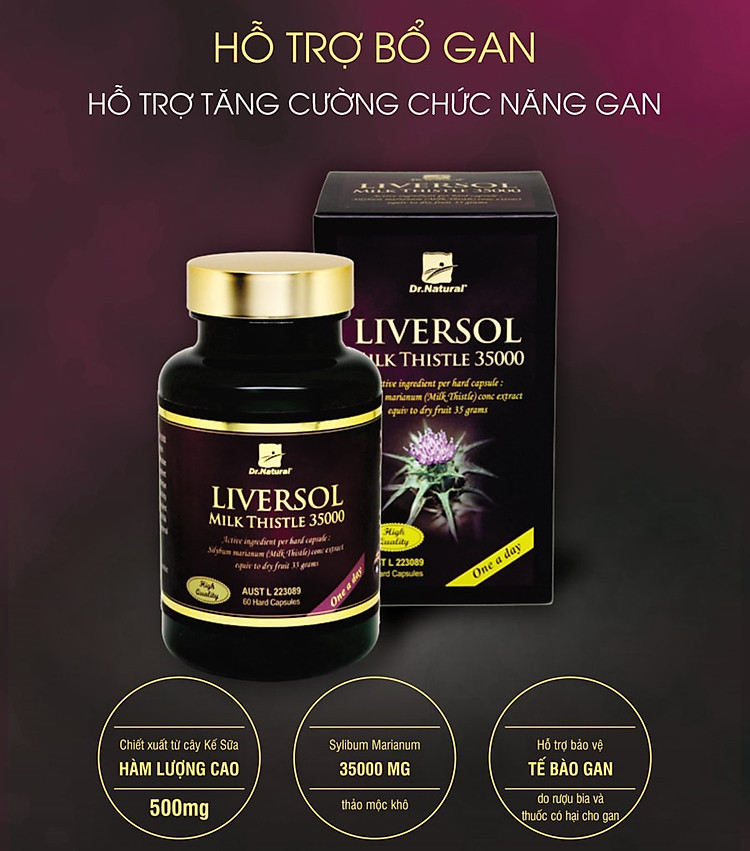 Viên uống bổ gan nhập khẩu chính hãng Úc LIVERSOL MILK THISTLE (60 viên) giúp bổ gan, hỗ trợ tăng cường chức năng gan, thải độc gan, bảo vệ tế bào gan khỏi các thương tổn do rượu, bia và các thuốc có hại cho gan 1