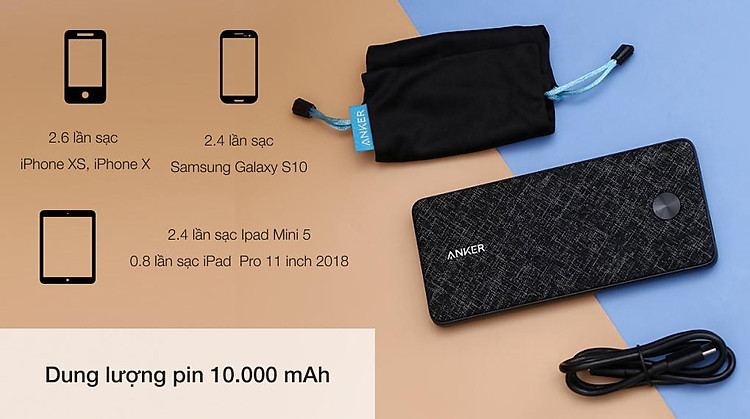 Dung lượng pin 10.000 mAh - Pin sạc dự phòng Polymer 10000mAh Type C PD 20W Anker PowerCore Slim A1244