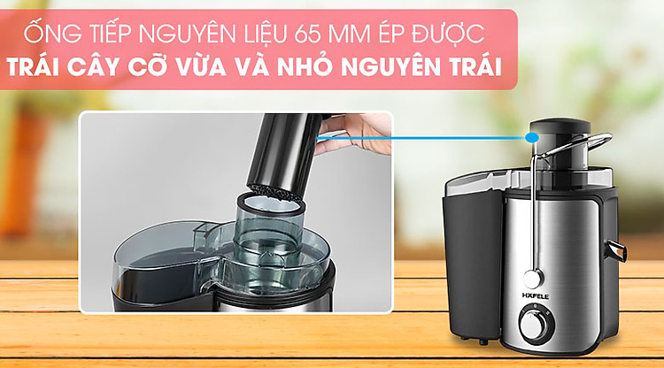 Ống tiếp rộng đường kính lớn 65 mm có thể ép được nguyên ép được nguyên quả không cần cắt nhỏ - Máy ép trái cây Hafele GS-353.