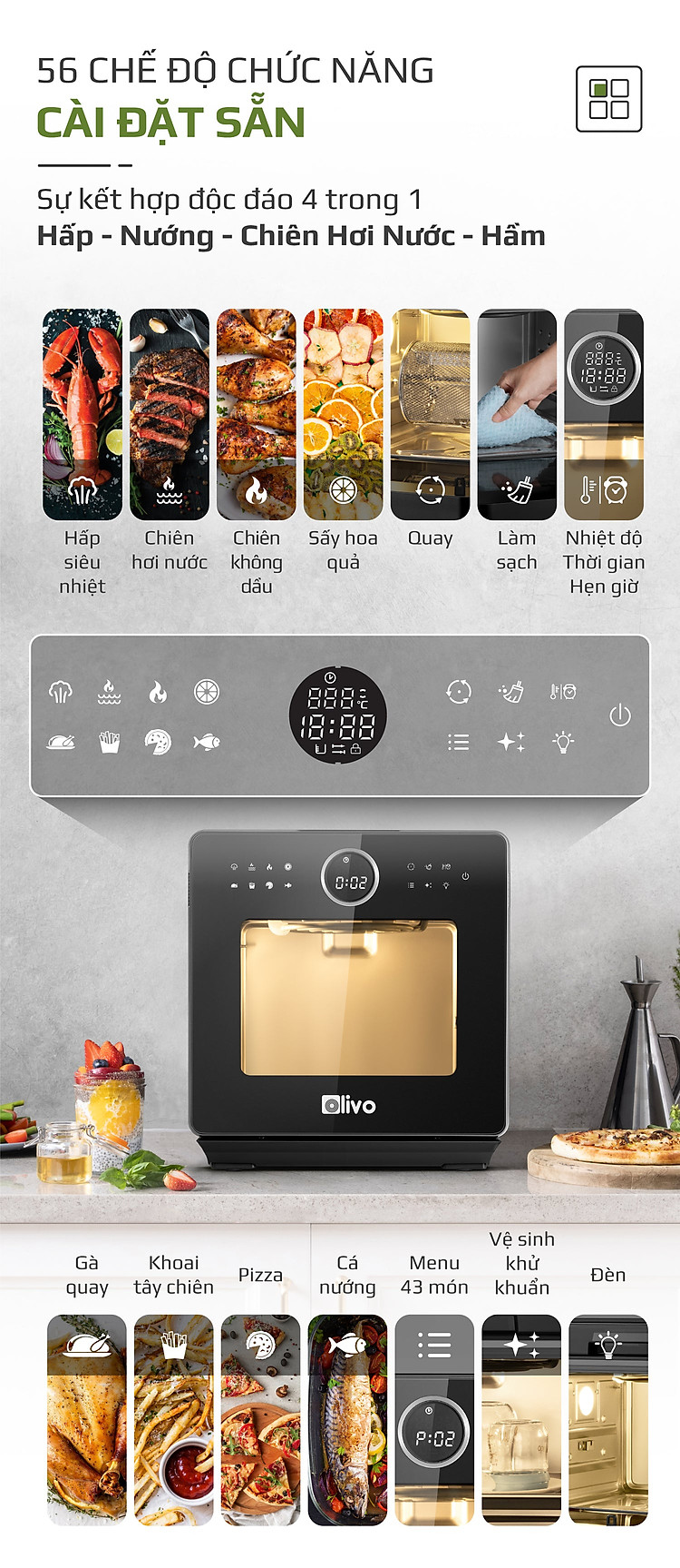 Nồi Chiên Hơi Nước Olivo SF16 Pro Thương Hiệu Mỹ Cao Cấp Gồm 56 Chức Năng Làm Bít Tết Hấp Nướng Hâm Nóng Đa Năng Dung Tích 16 Lít Công Suất 2800 W - Hàng Chính Hãng