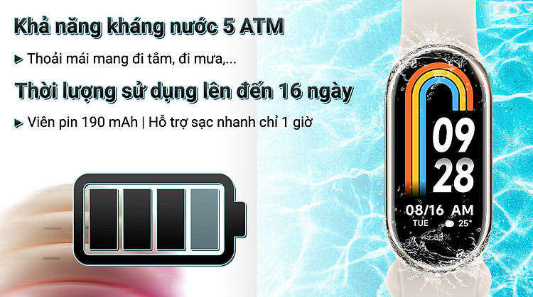 Vòng đeo tay thông minh Mi Band 8 - Pin và Kháng nước