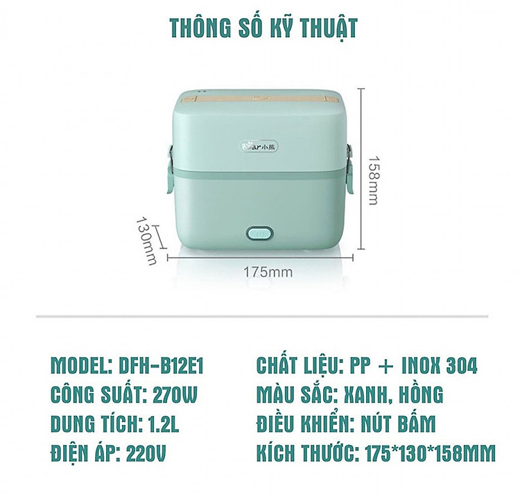 Hộp cơm điện Bear SB-HC12L - Hàng chính hãng