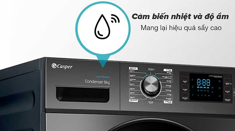 Máy sấy ngưng tụ Casper 8 kg TD – 80CGB - Cảm biến nhiệt độ, độ ẩm nâng cao hiệu quả sấy khô quần áo