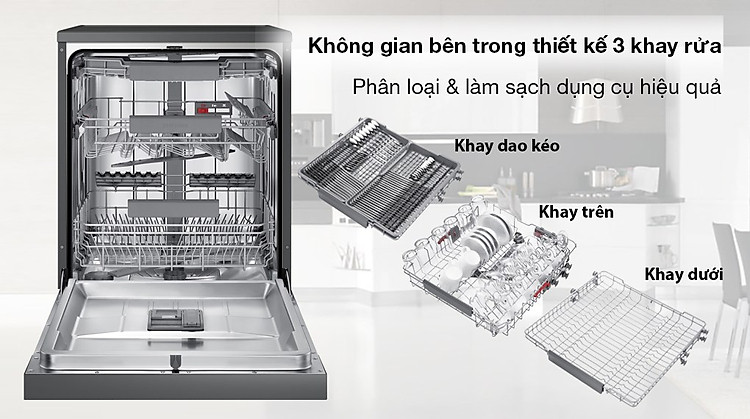 Máy rửa chén độc lập Samsung DW60CG550FSGSV - Không gian bên trong gồm có 3 khay rửa giúp rửa dụng cụ hiệu quả Máy rửa chén độc lập Samsung DW60CG550FSGSV - Không gian bên trong gồm có 3 khay rửa giúp rửa dụng cụ hiệu quả