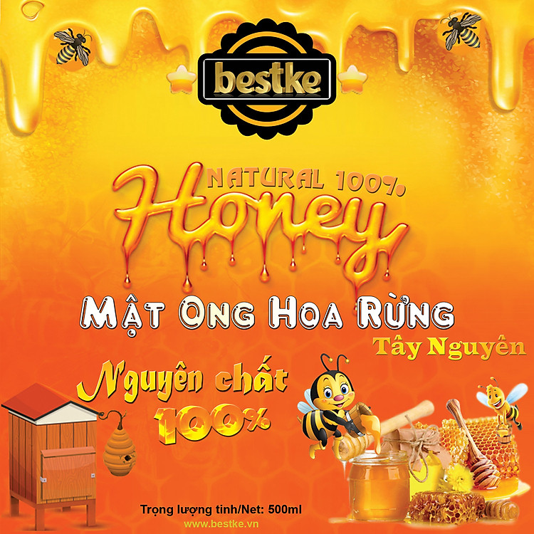 bestke mật ong hoa rừng nguyên chất 100%, combo 5 hũ, mỗi hũ 200ml, honey natural bestke 4