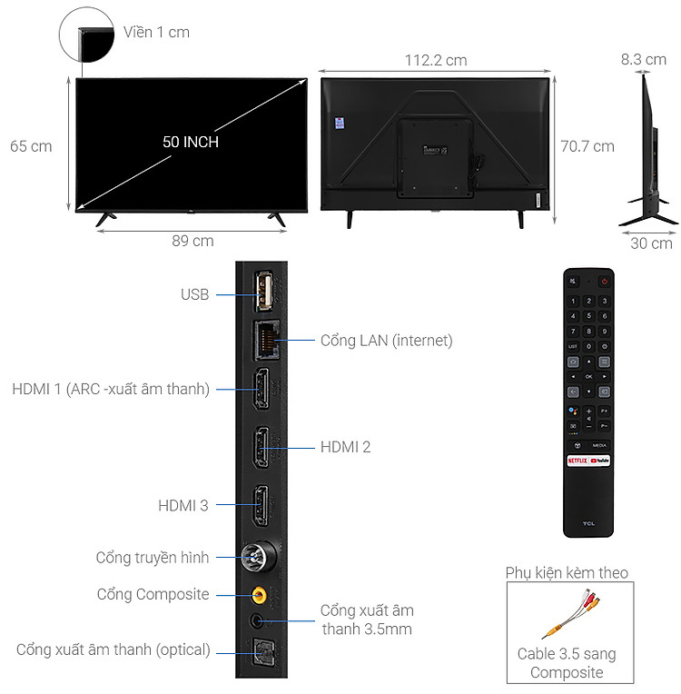 Thông số kỹ thuật Android Tivi TCL 4K 50 inch 50P615