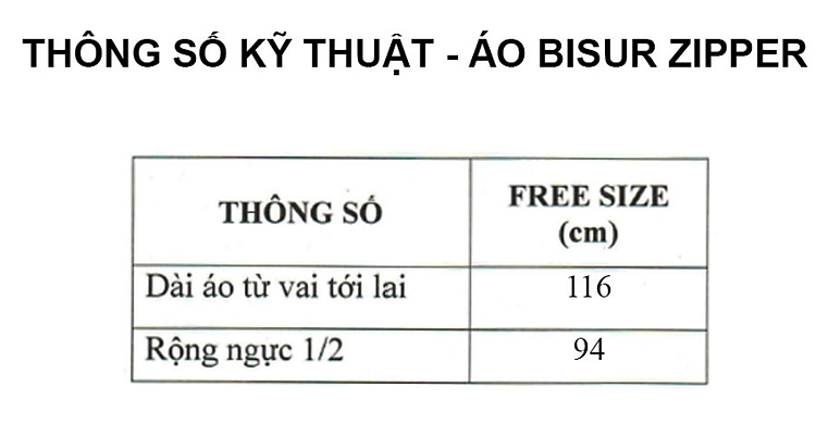 Thông số kỷ thuật áo mưa Bisur Zipper
