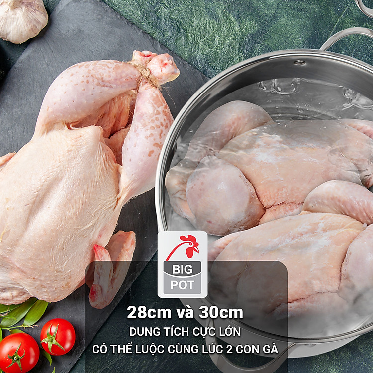 Nồi luộc gà inox 304 cao cấp 5 đáy Kalpen Lermat 28cm