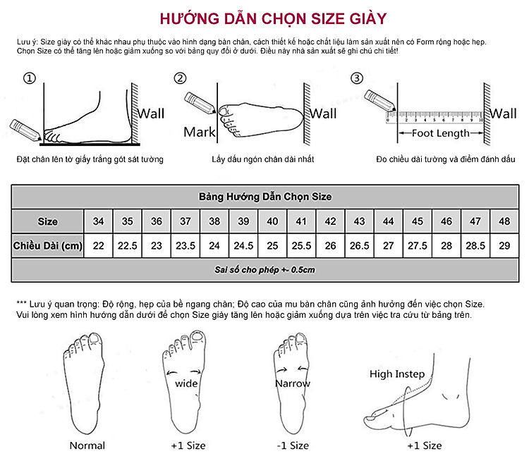 Bảng hướng dẫn chọn size Giày Sục Nữ Evelynv