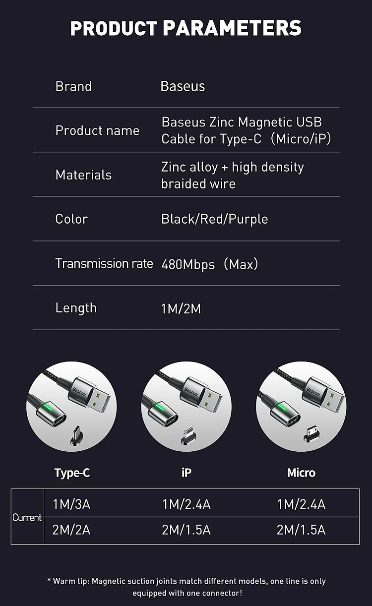 Bộ dây cáp sạc nhanh 3A và 3 đầu sạc từ tính Lightning / Type-C / Micro USB hiệu Baseus Zinc Magnetic Series 2 Cable Kit