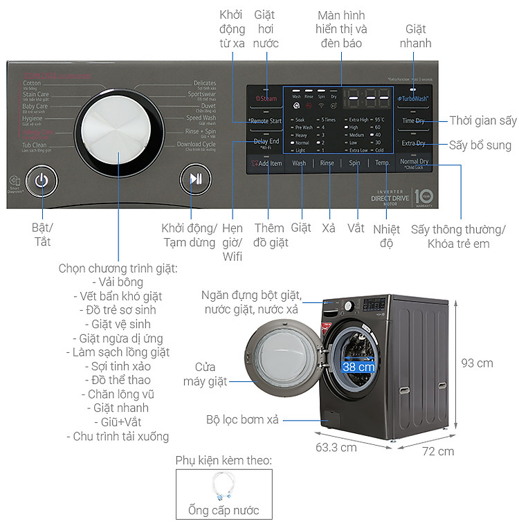 Máy giặt sấy LG Inverter 15 kg F2515RTGB