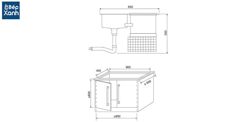 Kích thước của máy rửa chén tích hợp chậu rửa Malloca WQP6-890F3