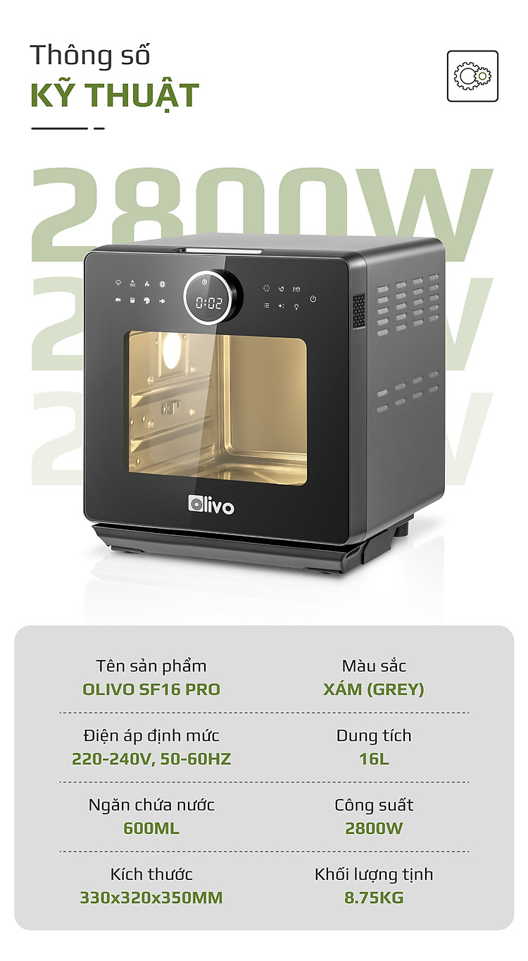 Nồi Chiên Hơi Nước Olivo SF16 Pro Thương Hiệu Mỹ Cao Cấp Gồm 56 Chức Năng Làm Bít Tết Hấp Nướng Hâm Nóng Đa Năng Dung Tích 16 Lít Công Suất 2800 W - Hàng Chính Hãng